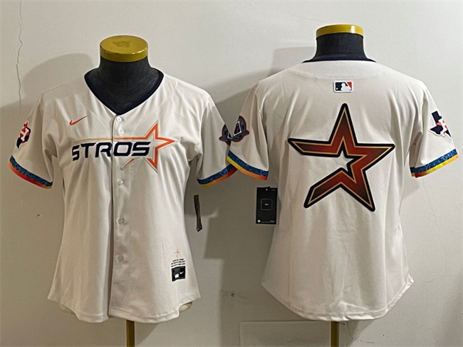 Women's Houston Astros Team Big Logo Cream 2025 City Connect With Texas Patch Limited Stitched Baseball Jersey(Run Small) 002